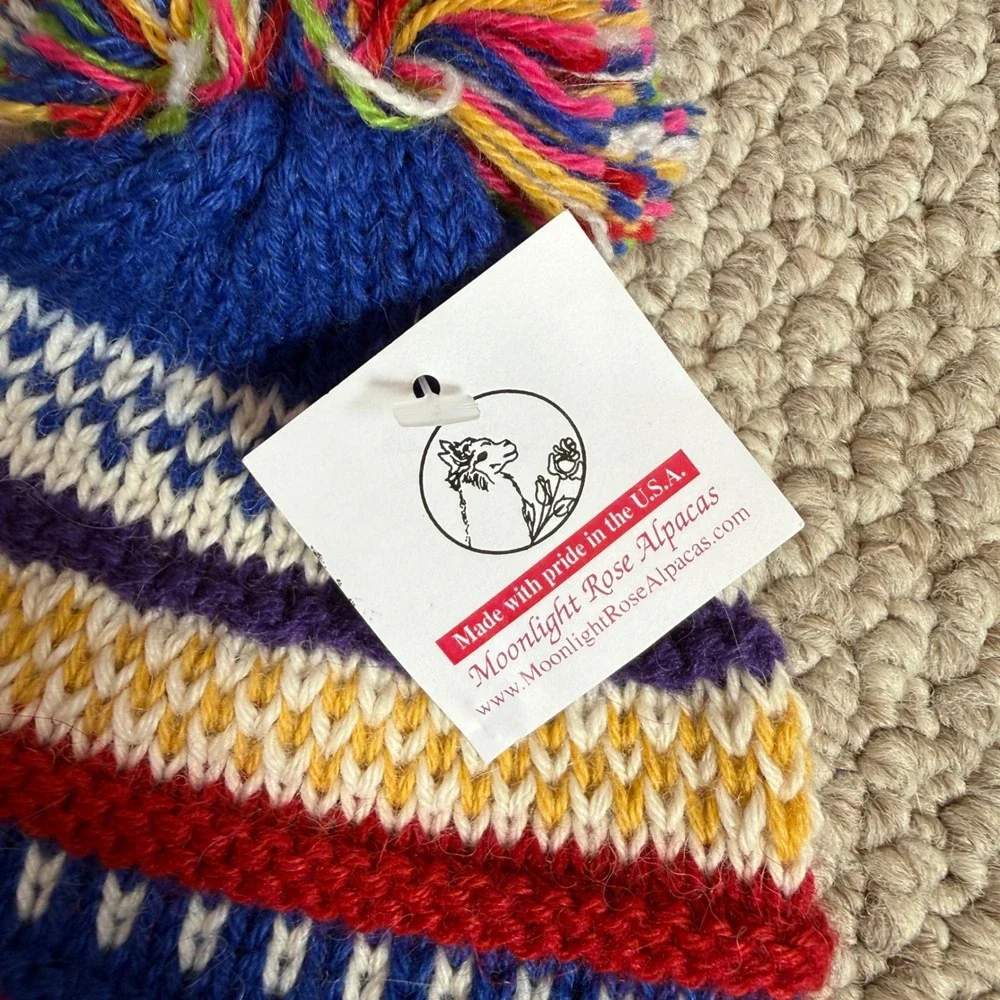 Moonlight Rose Alpacas Kids Rainbow Stripe Knit Hat and Mitten‎ Set Made in USA